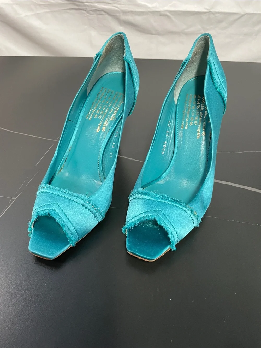 PEDRO GARCIA TEAL SATIN FRAYED PEEP TOE HEELS FTL-08-201